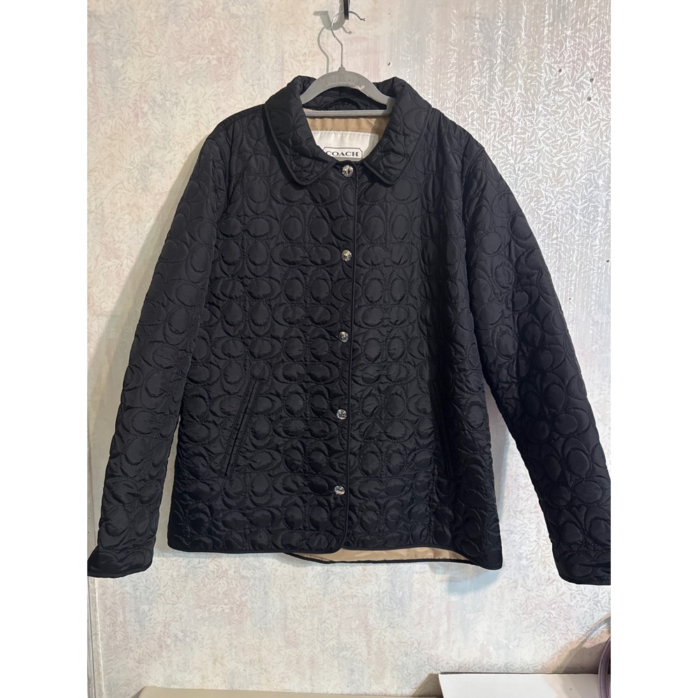 Coach Black Signature Quilted Jacket Women Large C Logo Button Front Coat